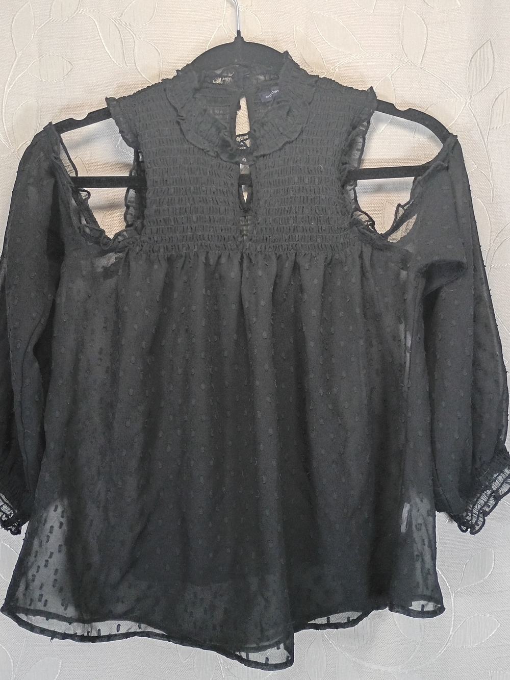 American Eagle Outfitters Black Swiss Dot Cold Shoulder Smocked Blouse XS
